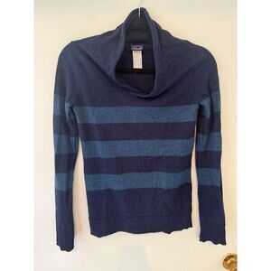 Patagonia Women’s M Merino Wool Sweater Blue Stripes Cowl Neck V Neck Top
